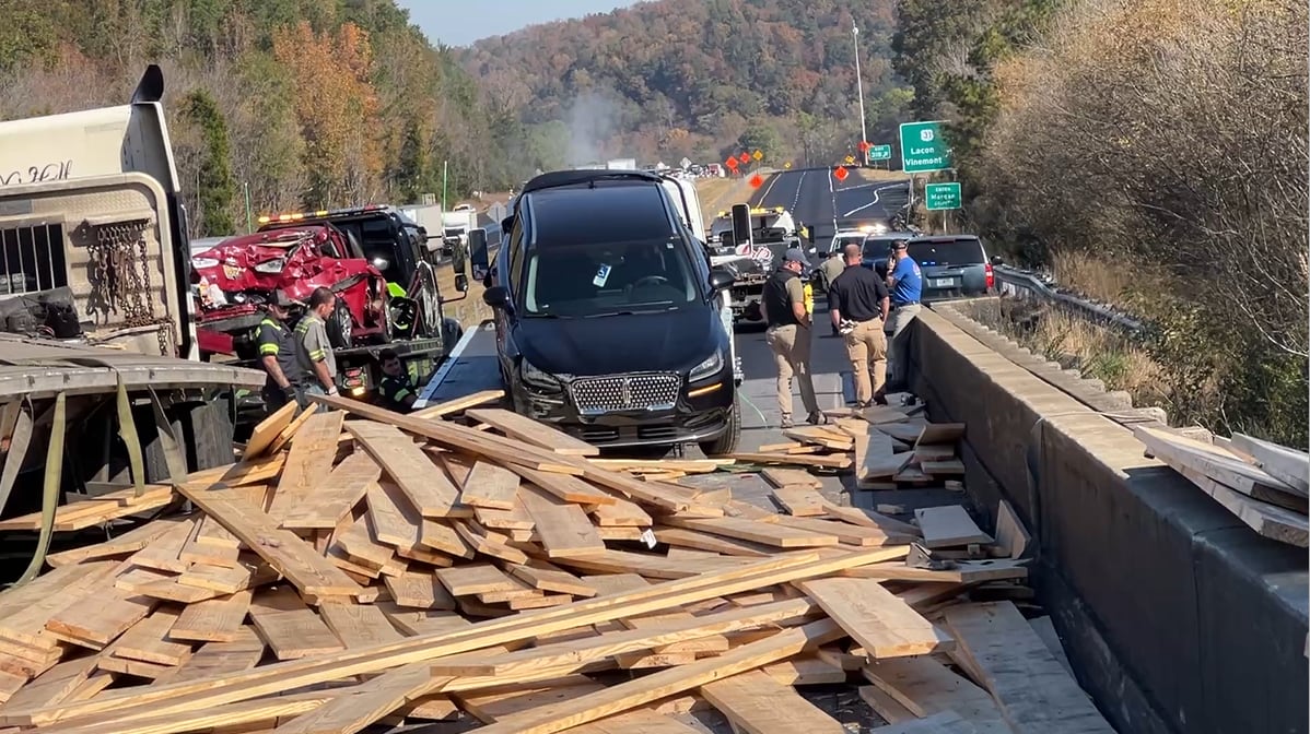 Emergency responders at the scene of a multi-vehicle truck crash on U.S. 45 in Washington County